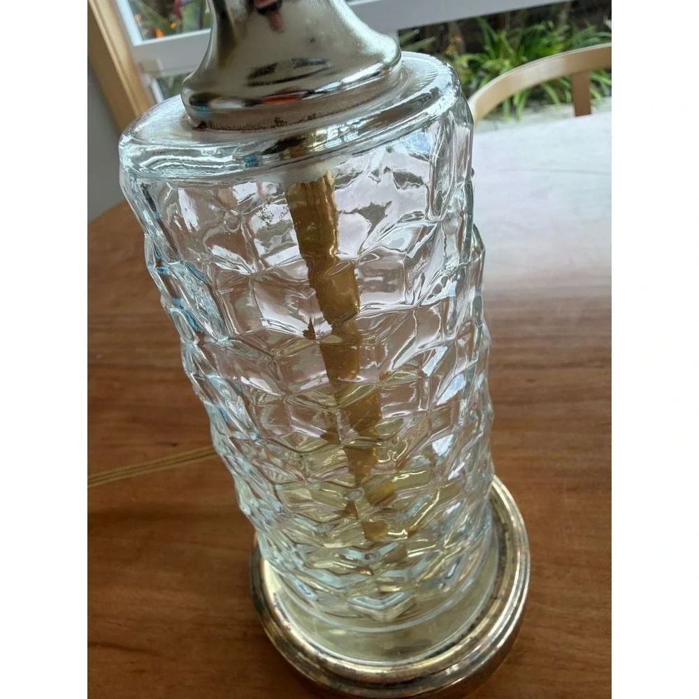 Vintage Mid-Century Modern Hexagon Pattern Clear Glass Table Lamp with Brass Bas
